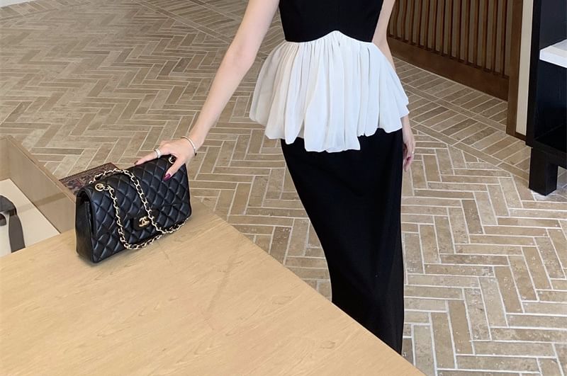 Two-Tone V-Neck Peplum Top and Maxi Pencil Skirt