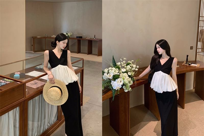 Two-Tone V-Neck Peplum Top and Maxi Pencil Skirt