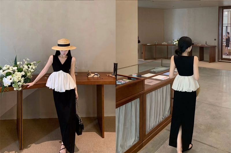 Two-Tone V-Neck Peplum Top and Maxi Pencil Skirt