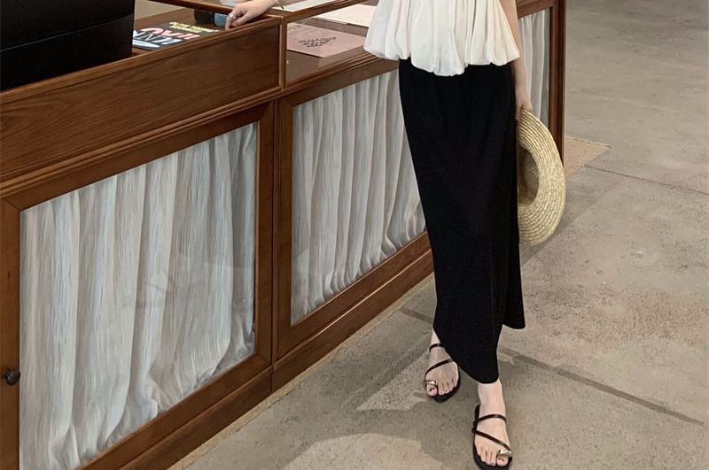 Two-Tone V-Neck Peplum Top and Maxi Pencil Skirt