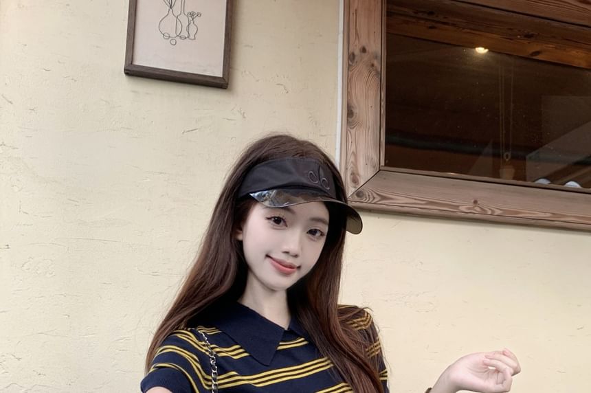 Striped Knit Collared Short Sleeve Top and Ruffle A-Line Mini Skirt