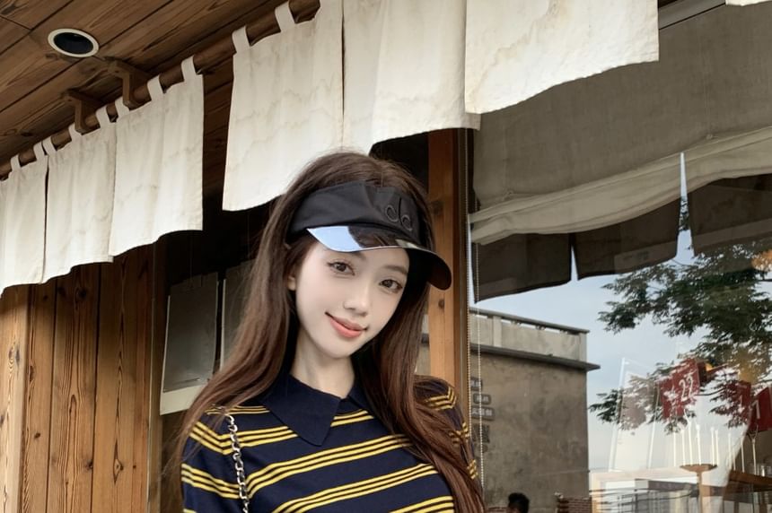 Striped Knit Collared Short Sleeve Top and Ruffle A-Line Mini Skirt