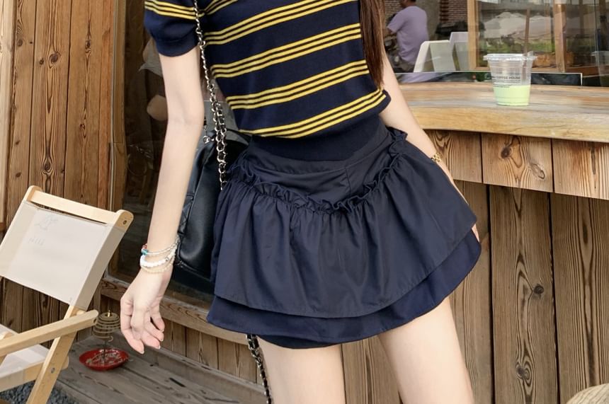 Striped Knit Collared Short Sleeve Top and Ruffle A-Line Mini Skirt