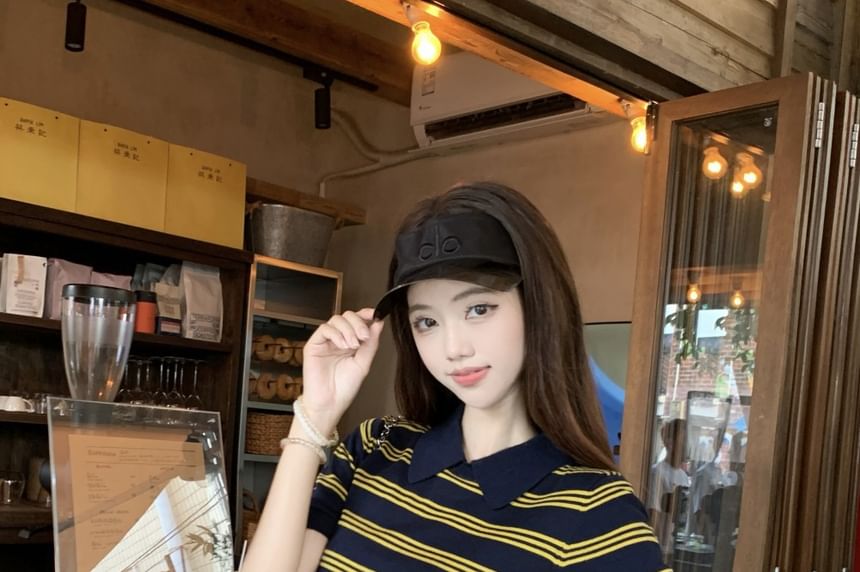 Striped Knit Collared Short Sleeve Top and Ruffle A-Line Mini Skirt
