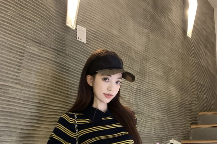 Striped Knit Collared Short Sleeve Top and Ruffle A-Line Mini Skirt