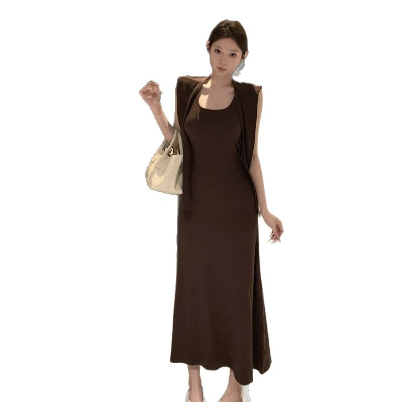 Black Scoop Neck Sheath Tank Dress with Scarf - Altfashion Shop