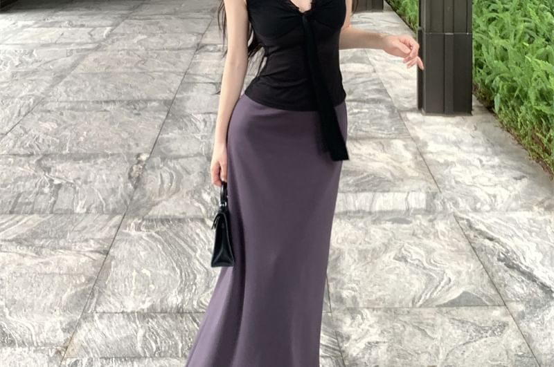 V-Neck Sleeveless Tie-Up Top and High-Rise Maxi Pencil Skirt