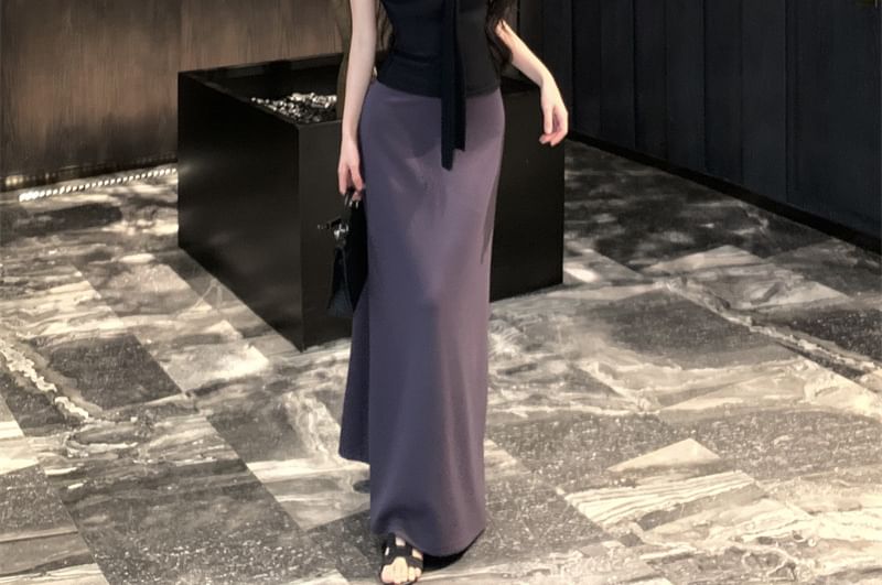 V-Neck Sleeveless Tie-Up Top and High-Rise Maxi Pencil Skirt