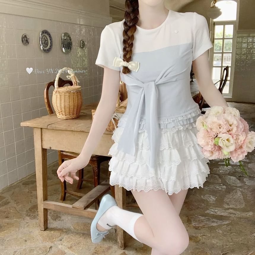 Mock Two-Piece Two-Tone Lace-Trimmed Tie-Front Crop Tee