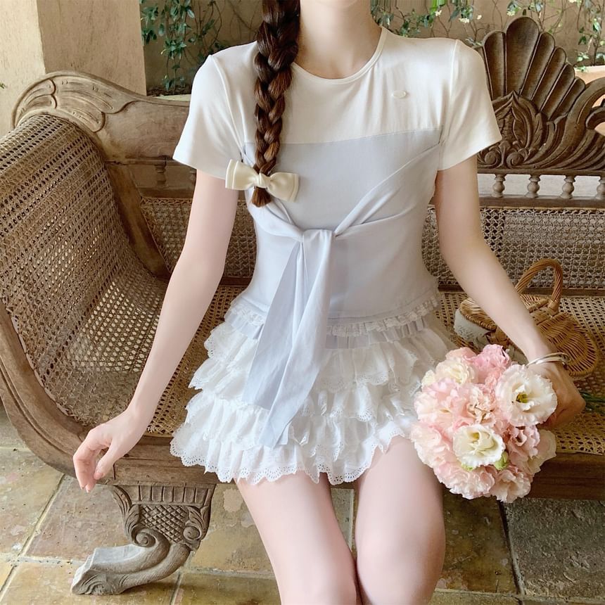 Mock Two-Piece Two-Tone Lace-Trimmed Tie-Front Crop Tee