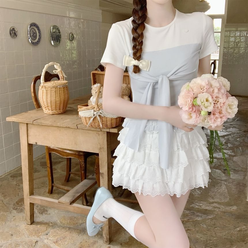 Mock Two-Piece Two-Tone Lace-Trimmed Tie-Front Crop Tee