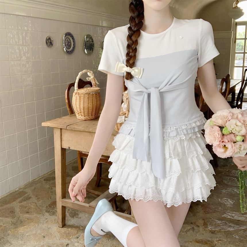 Mock Two-Piece Two-Tone Lace-Trimmed Tie-Front Crop Tee
