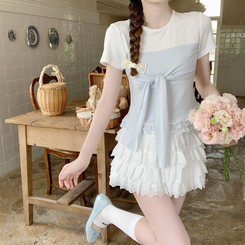 Mock Two-Piece Two-Tone Lace-Trimmed Tie-Front Crop Tee