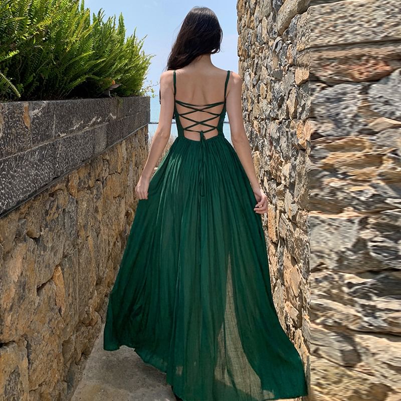 Black Spaghetti Strap Ruched Slit Maxi Dress - Altfashion Shop