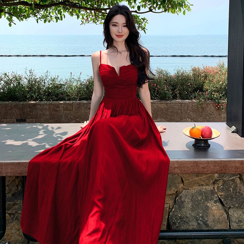 Black Spaghetti Strap Ruched Slit Maxi Dress - Altfashion Shop