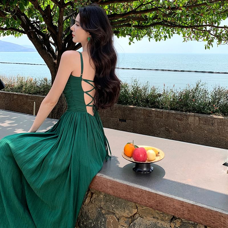 Black Spaghetti Strap Ruched Slit Maxi Dress - Altfashion Shop