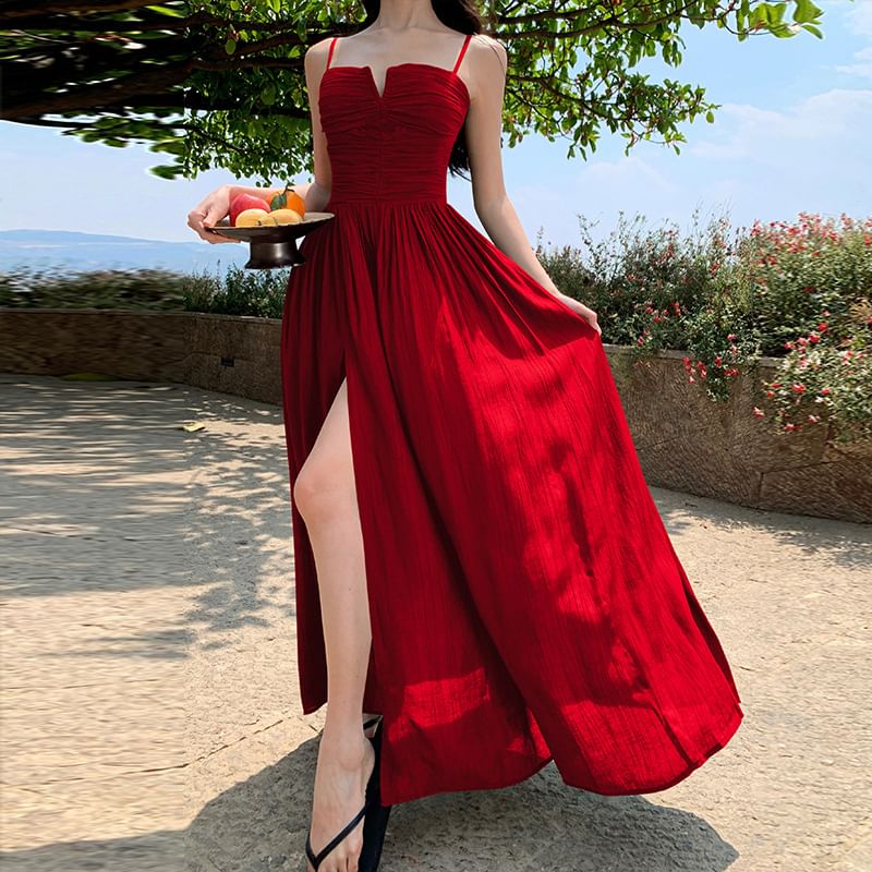 Black Spaghetti Strap Ruched Slit Maxi Dress - Altfashion Shop