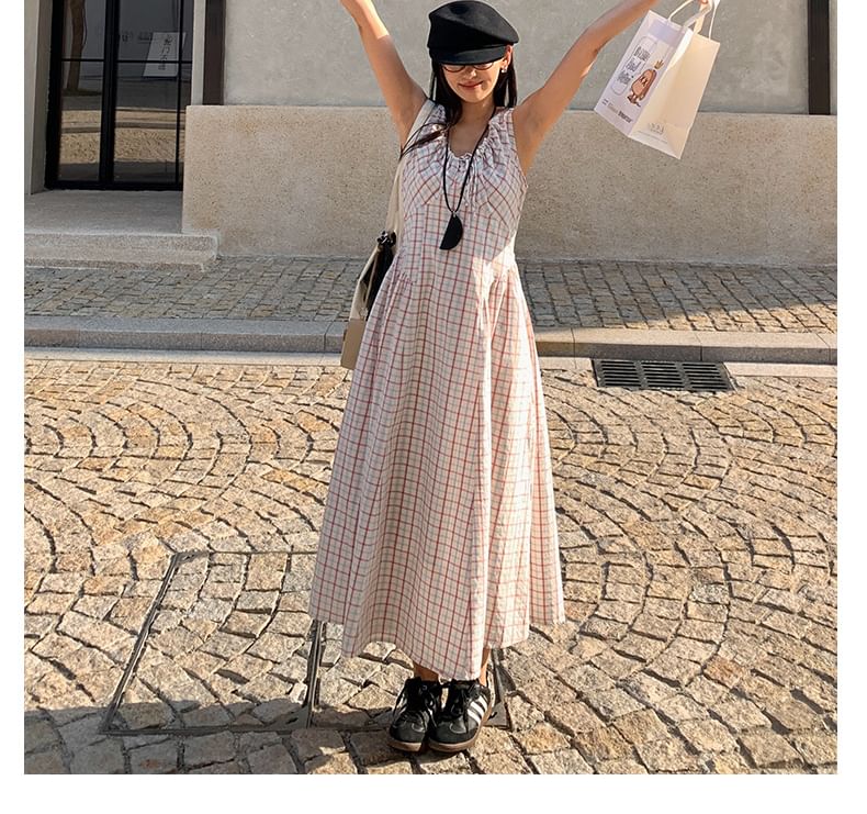 Plaid V-Neck Sleeveless Maxi A-Line Dress - Altfashion Shop