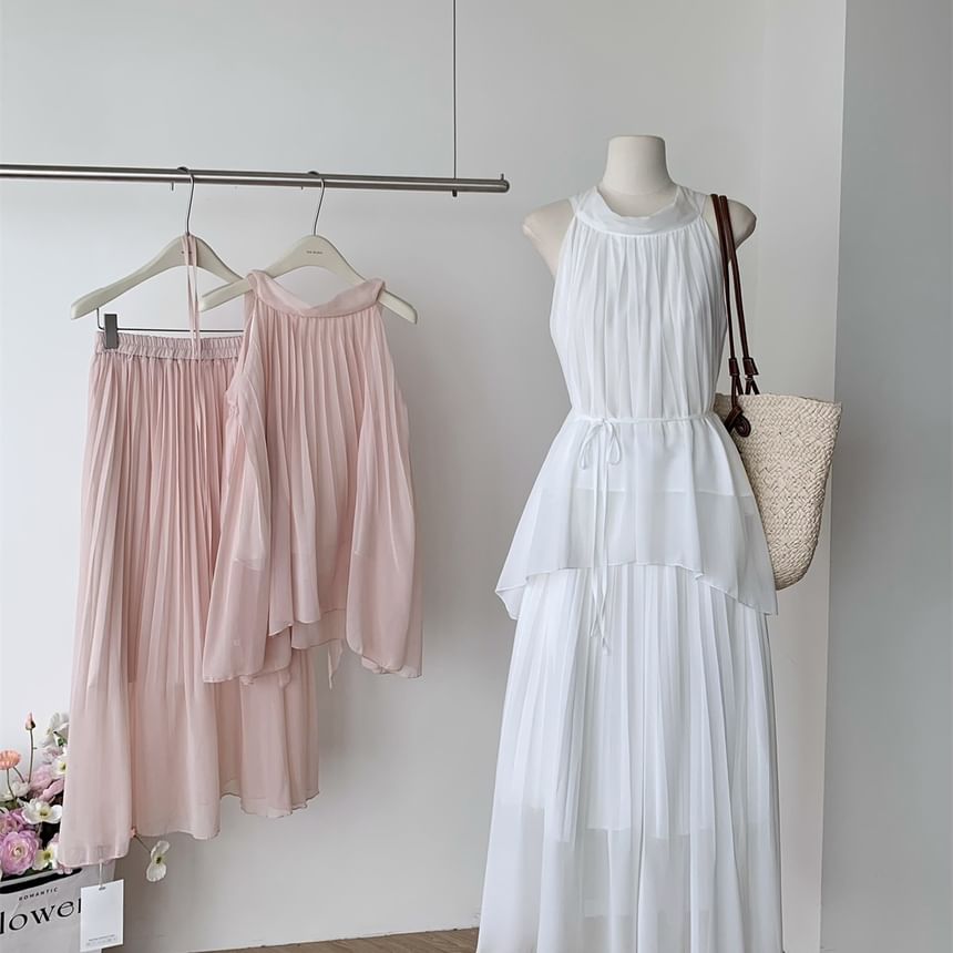 Halter Asymmetrical Blouse and Maxi A-Line Skirt Set