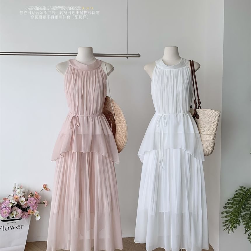 Halter Asymmetrical Blouse and Maxi A-Line Skirt Set
