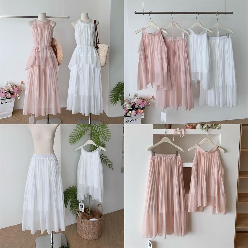 Halter Asymmetrical Blouse and Maxi A-Line Skirt Set