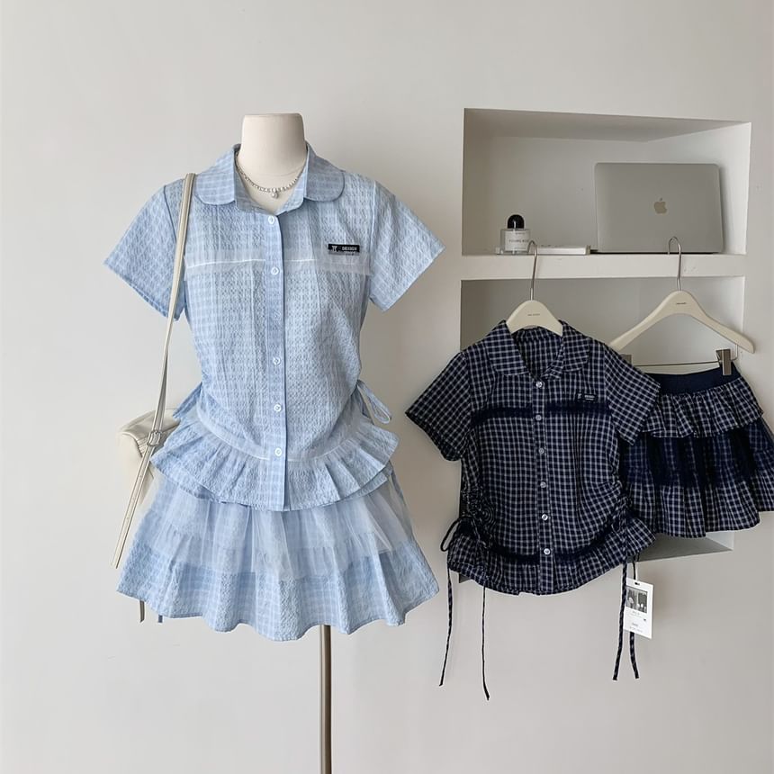Plaid Mesh Panel Peplum Shirt and Pleated Mini Skirt Set