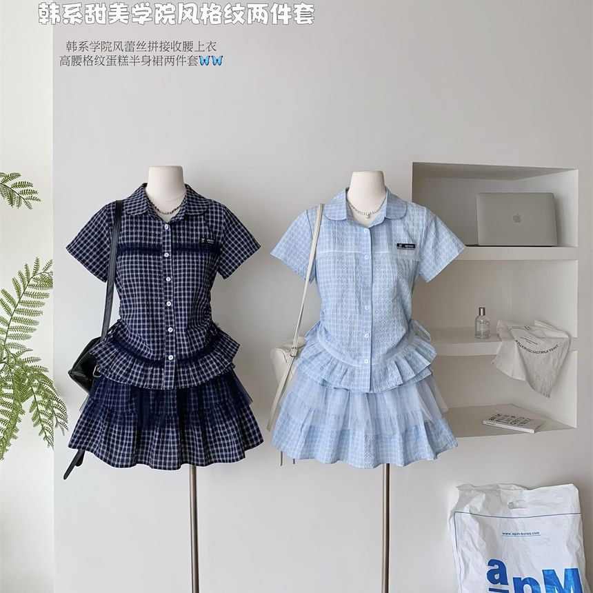 Plaid Mesh Panel Peplum Shirt and Pleated Mini Skirt Set