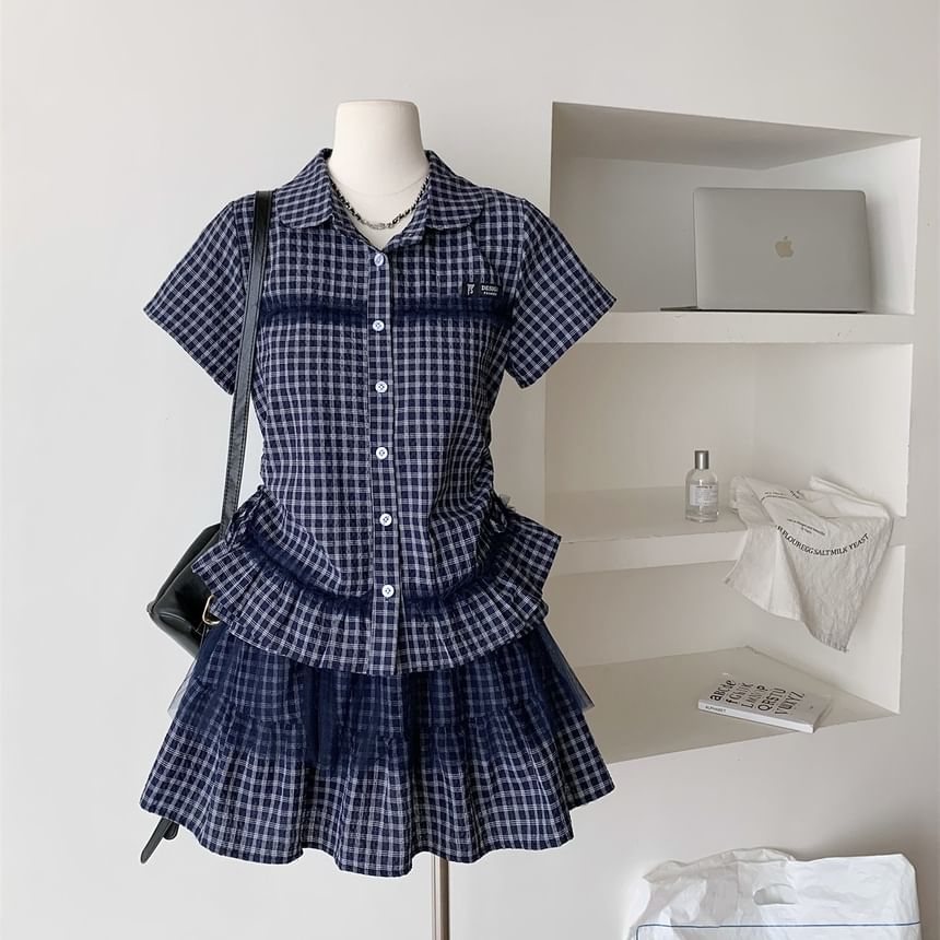 Plaid Mesh Panel Peplum Shirt and Pleated Mini Skirt Set
