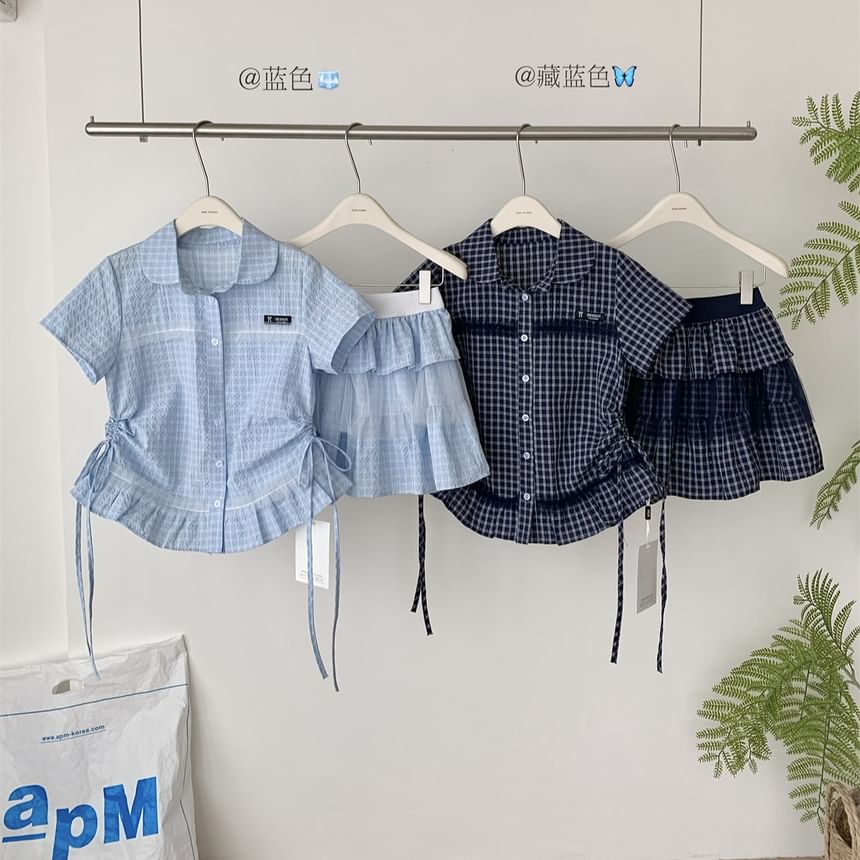 Plaid Mesh Panel Peplum Shirt and Pleated Mini Skirt Set