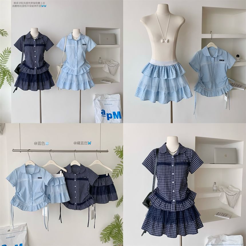 Plaid Mesh Panel Peplum Shirt and Pleated Mini Skirt Set