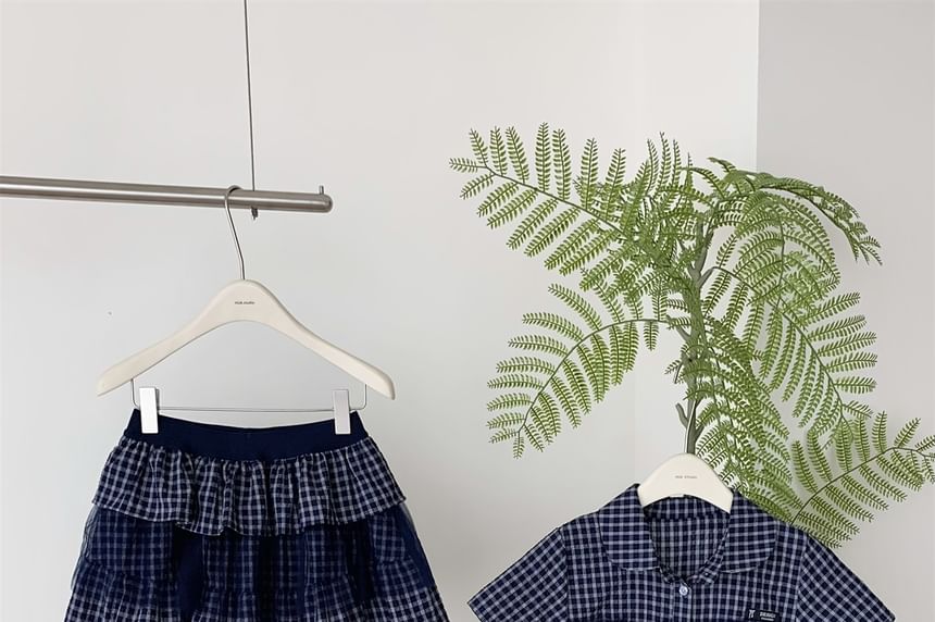 Plaid Mesh Panel Peplum Shirt and Pleated Mini Skirt Set