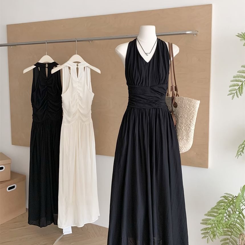 Black Halter Ruched A-Line Maxi Dress - Altfashion Shop