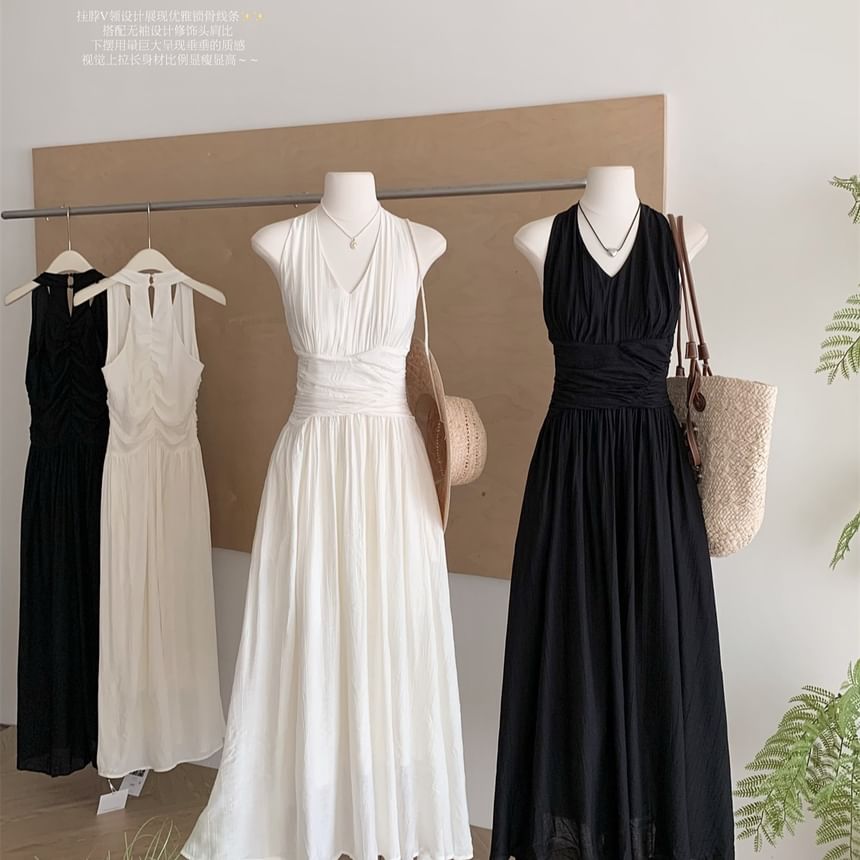 Black Halter Ruched A-Line Maxi Dress - Altfashion Shop