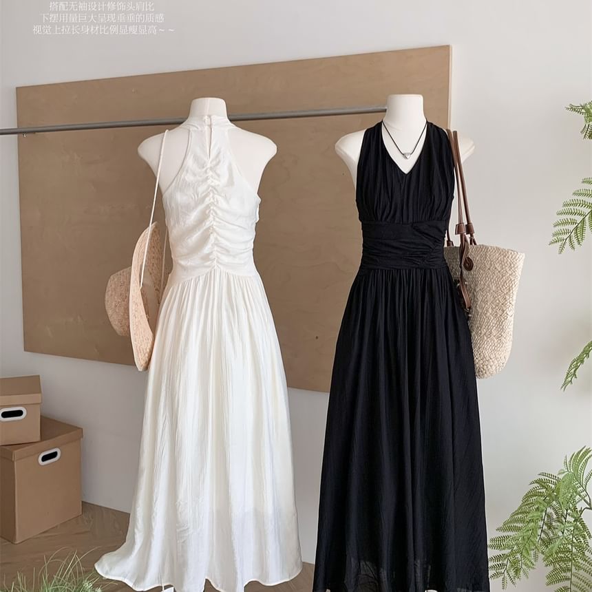 Black Halter Ruched A-Line Maxi Dress - Altfashion Shop
