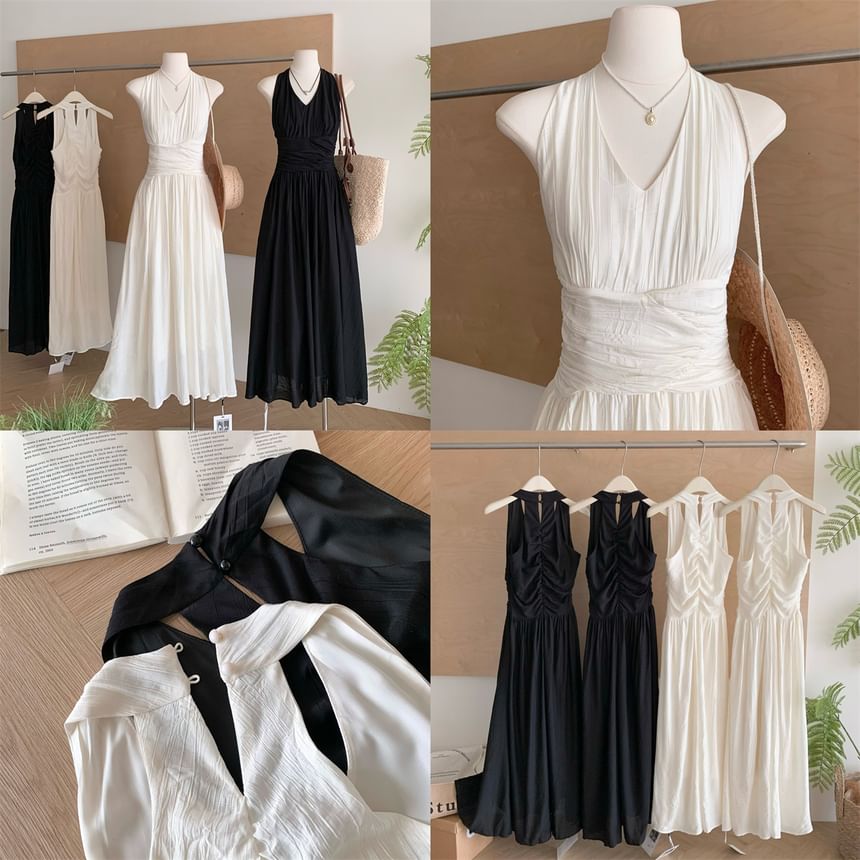 Black Halter Ruched A-Line Maxi Dress - Altfashion Shop