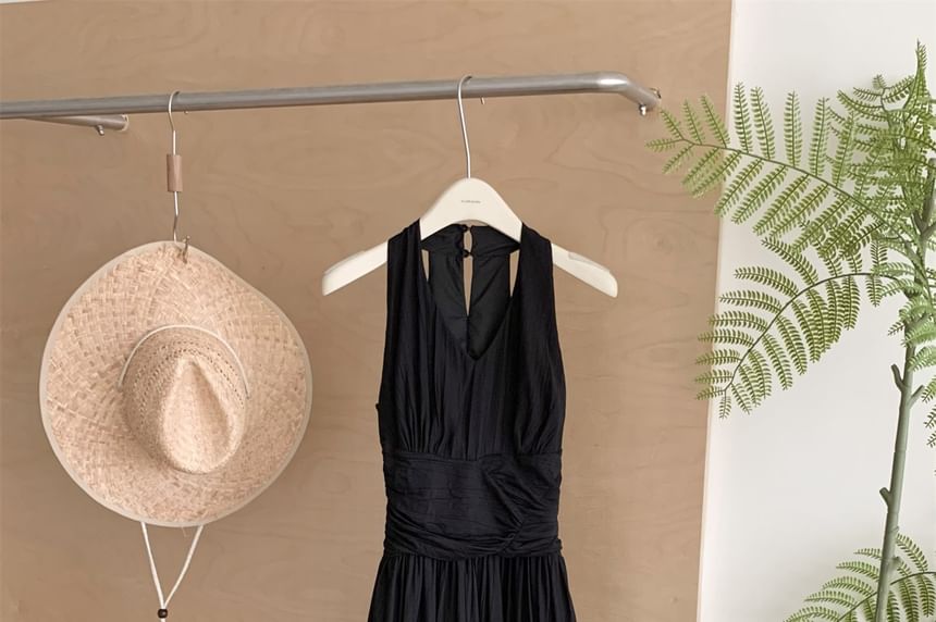 Black Halter Ruched A-Line Maxi Dress - Altfashion Shop