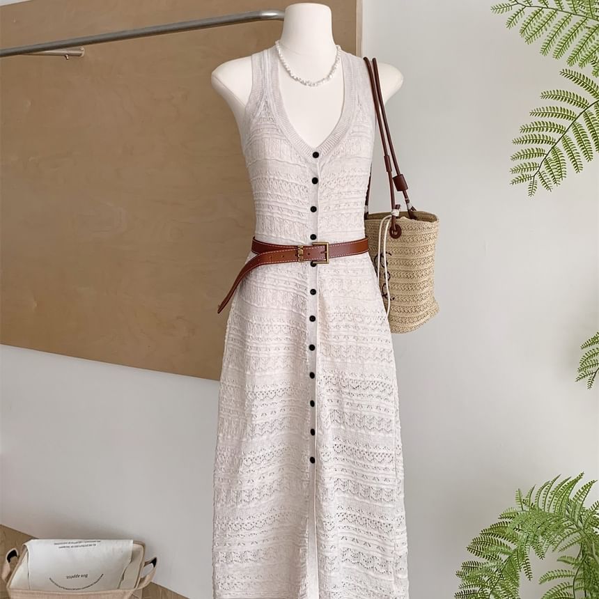 Black V-Neck Perforated Knit Maxi Dress with Belt - Altfashion Shop