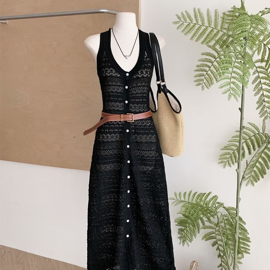 Black V-Neck Perforated Knit Maxi Dress with Belt - Altfashion Shop