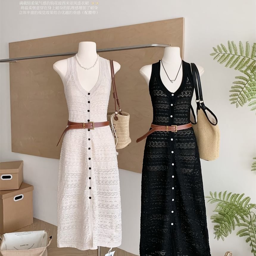 Black V-Neck Perforated Knit Maxi Dress with Belt - Altfashion Shop
