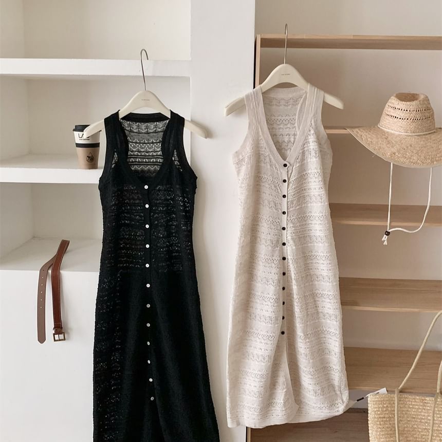 Black V-Neck Perforated Knit Maxi Dress with Belt - Altfashion Shop