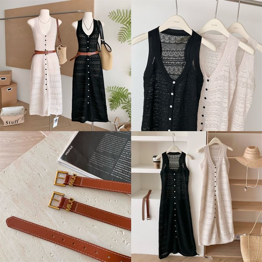 Black V-Neck Perforated Knit Maxi Dress with Belt - Altfashion Shop