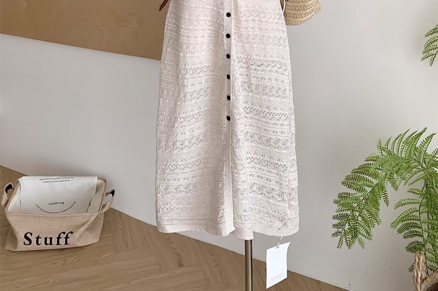 Black V-Neck Perforated Knit Maxi Dress with Belt - Altfashion Shop