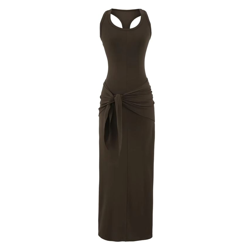 Black Scoop Neck Racerback Tank Dress with Scarf - Altfashion Shop
