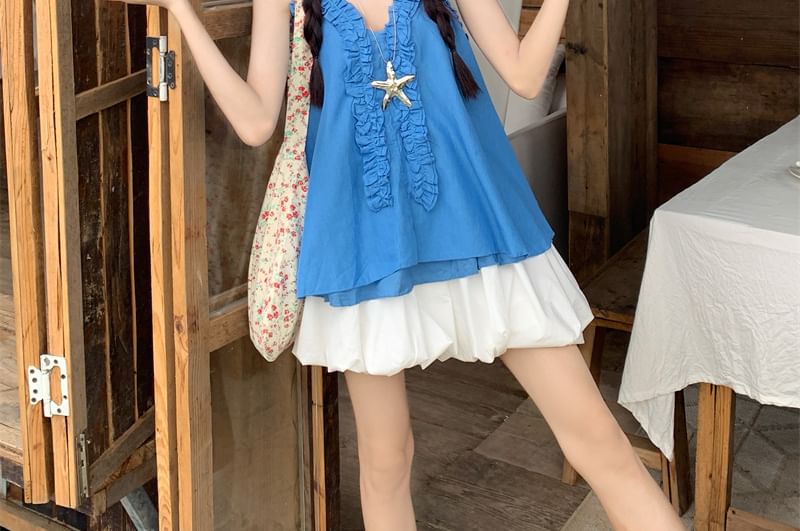 V-Neck Plain Ruffle Cami Top with High Waist Plain Mini A-Line Balloon Skirt
