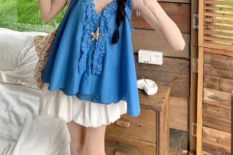 V-Neck Plain Ruffle Cami Top with High Waist Plain Mini A-Line Balloon Skirt