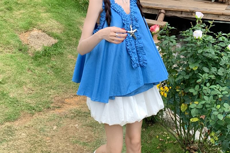 V-Neck Plain Ruffle Cami Top with High Waist Plain Mini A-Line Balloon Skirt