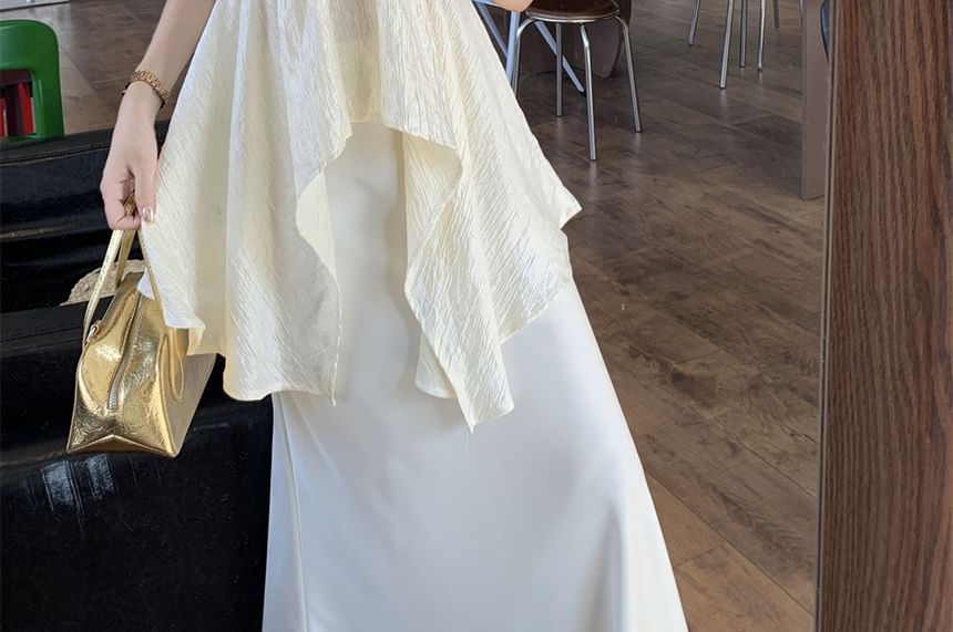 Sleeveless V-Neck Rhinestone Ruched Top & Satin Maxi Fishtail Skirt