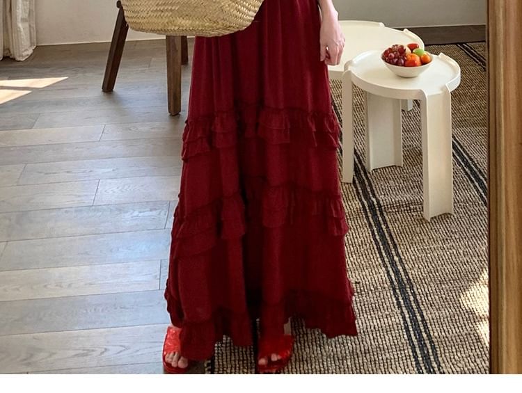 Black Spaghetti Strap V-Neck Ruffle Maxi Dress - Altfashion Shop