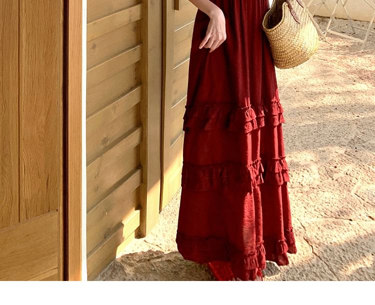 Black Spaghetti Strap V-Neck Ruffle Maxi Dress - Altfashion Shop