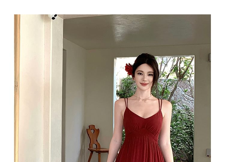 Black Spaghetti Strap V-Neck Ruffle Maxi Dress - Altfashion Shop